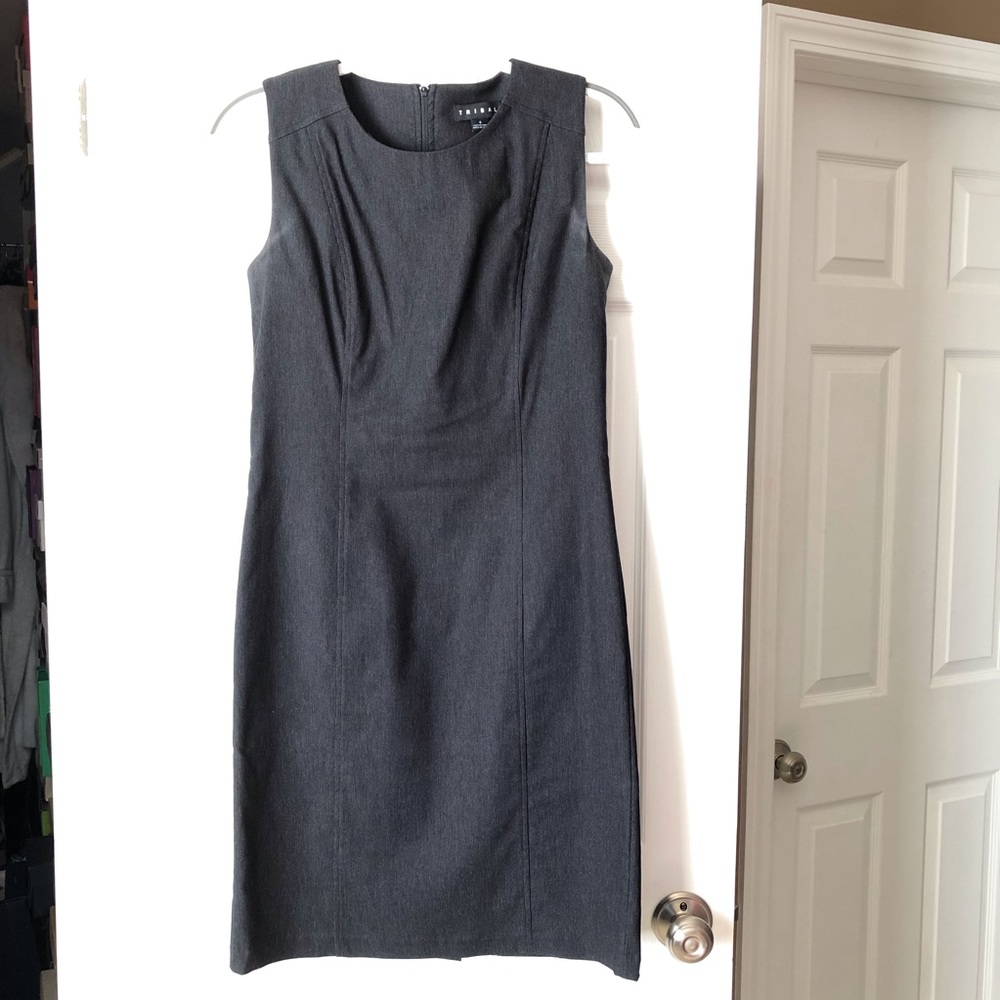 Charcoal, black sleeveless dress.